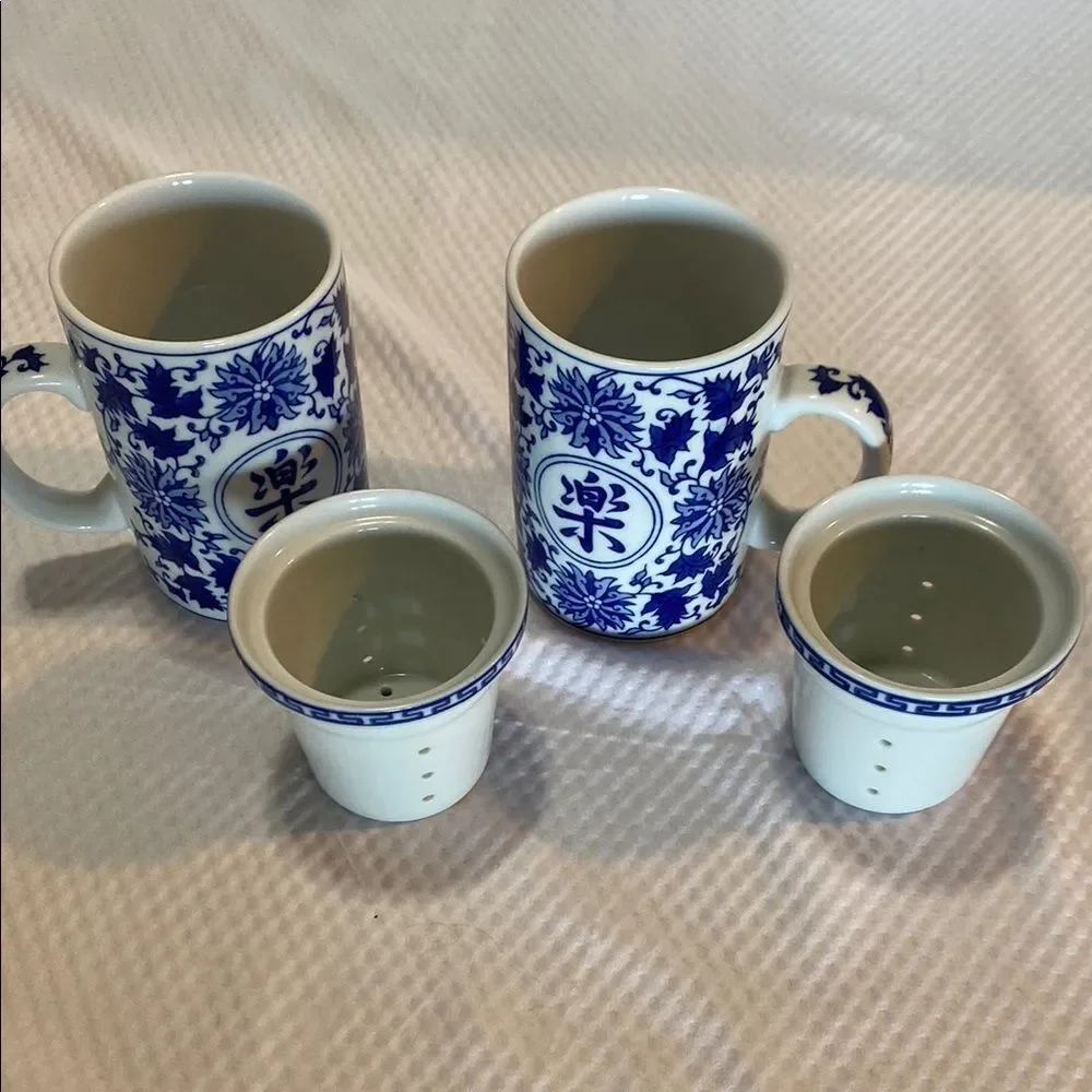 Pier 1 Blue and White “Happiness” Japanese Porcelain Tea Mug Set